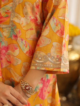 Mustard Floral Print Rayon A-Line Kurta Set with Pocket