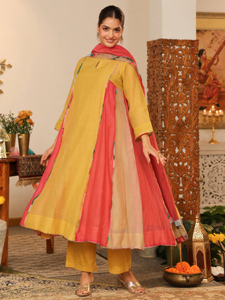 Yellow Beaded Chanderi Anarkali Kurta Set with Pocket