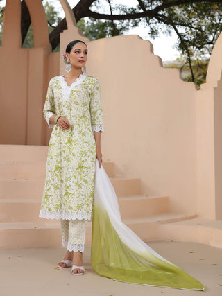 Women Green Floral Printed Pure Cotton Straight Kurta with Trousers & Dyed Dupatta