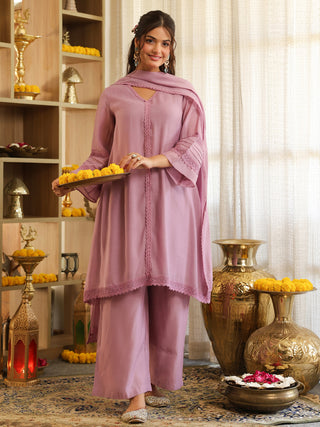 Lilac Lace Chanderi A-Line Kurta Set with Pocket
