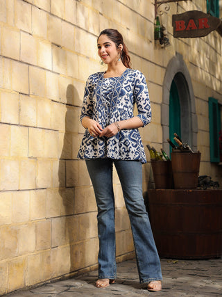 Women Blue Ikat Printed Pure Cotton A-line Tops