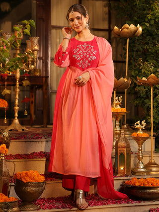 Pink Embroidered Yoke A-Line Kurta Set with Pocket