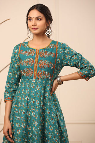 Women Teal Blue Ethnic Motifs Printed Anarkali Kurta