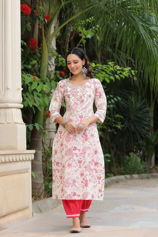 Women Cream and Pink Embroidered Pure Cotton Straight Kurta With Salwar