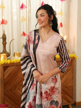 Peach Panel Print Chanderi Straight Kurta Set
