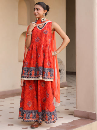 Women Ethnic Motifs Printed Empire Pure Cotton Kurta with Sharara & With Dupatta