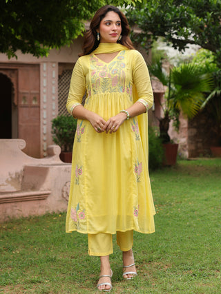 Yellow Floral Embroidered 3-Piece Anarkali Kurta Set