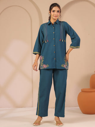 Teal blue solid embroidered cord set with shirt style tunic and matching trouser