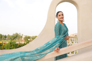 Teal Ethnic Motif Print 3-Piece Straight Kurta Set