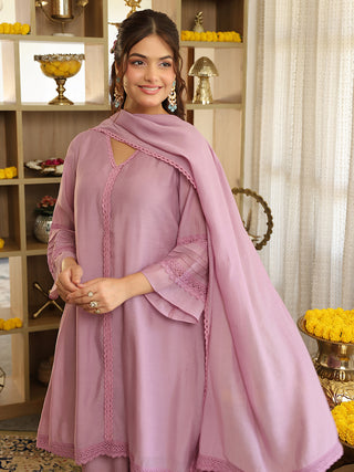 Lilac Lace Chanderi A-Line Kurta Set with Pocket