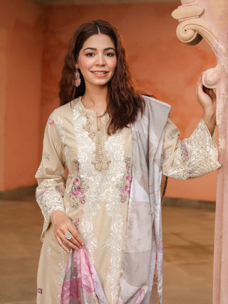 Beige Floral Embroidered 3-Piece Straight Kurta Set