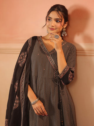 Black cotton chevron printed anarkali kurta set with solid trouser and printed cotton dupatta