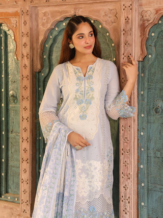 Blue Floral Embroidered Lace 3-Piece Straight Kurta Set