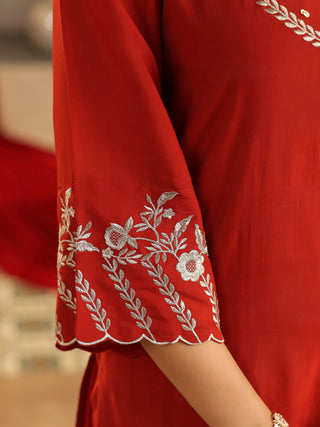 Rust Embroidered Mul Chanderi Straight Kurta Set with Dupatta