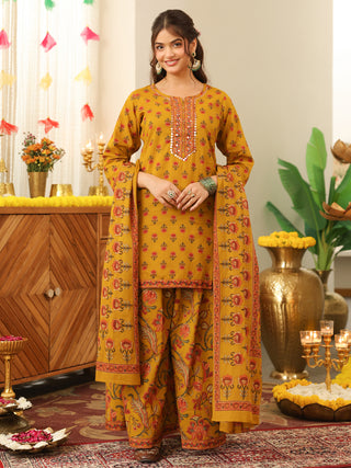 Mustard Yellow Floral Print Cotton Straight Kurta Set