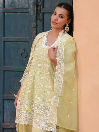 Lime Floral Embroidered Lace 3-Piece Straight Kurta Set