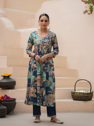 Women Blue Floral Printed Round Neck Empire Line Embroidered Kurta With Trouser And Dupatta