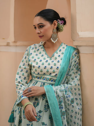 Women Teal Floral Printed Pure Cotton A-line Kurta With Solid Trouser And With Printed Dupatta