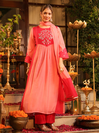 Pink Embroidered Yoke A-Line Kurta Set with Pocket
