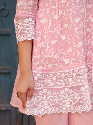Pink Floral Embroidered Lace 3-Piece Straight Kurta Set