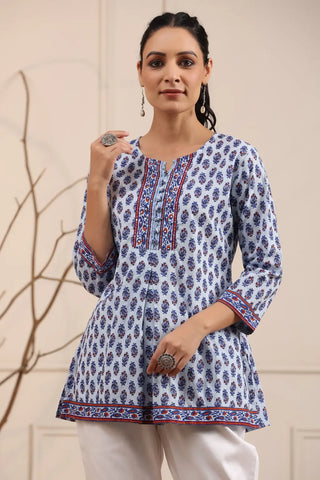 Women Blue Ethnic Motifs Print A-line Straight Silhouette Kurti