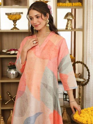 Peach and Pastel Blue Abstract Print Co-Ord Set