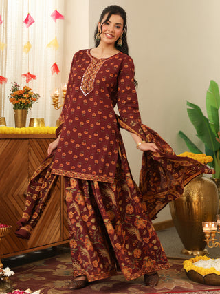 Brown Floral Print Cotton Straight Kurta Set