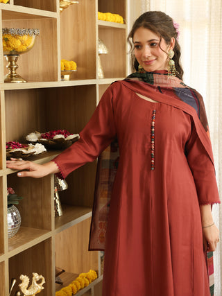 Brick Red Chanderi A-Line Kurta Set