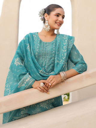 Teal Ethnic Motif Print 3-Piece Straight Kurta Set