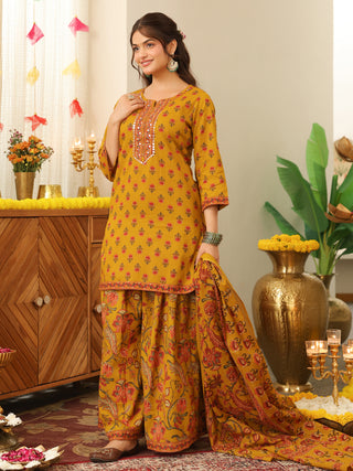 Mustard Yellow Floral Print Cotton Straight Kurta Set