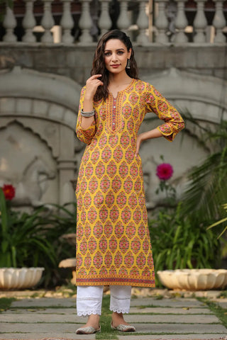 Women Musturd Ethnic Motifs Printed Pure Cotton Kurta