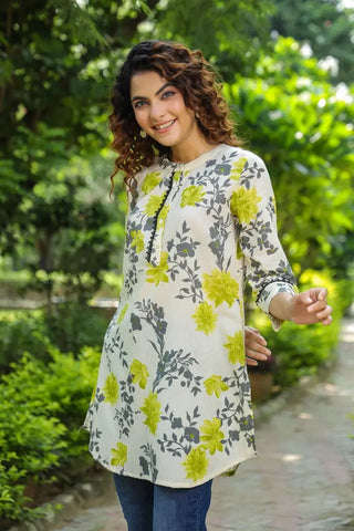 Cream & Green Floral Lace Kurti