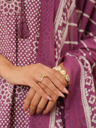 Purple Bandhani Print Straight Kurta Set with Pocket