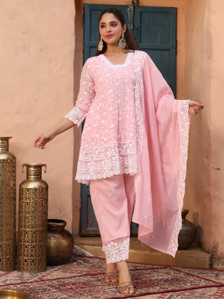Pink Floral Embroidered Lace 3-Piece Straight Kurta Set