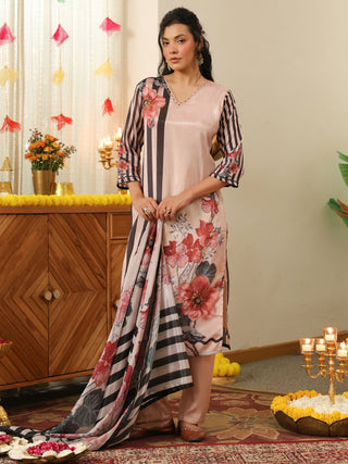 Peach Panel Print Chanderi Straight Kurta Set