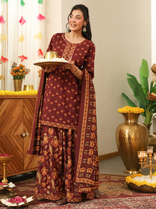 Brown Floral Print Cotton Straight Kurta Set