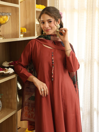 Brick Red Chanderi A-Line Kurta Set