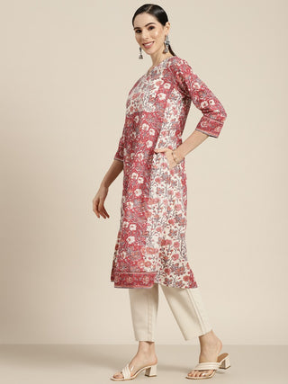 Women Rose & White Floral Printed Cotton Straight Kurta