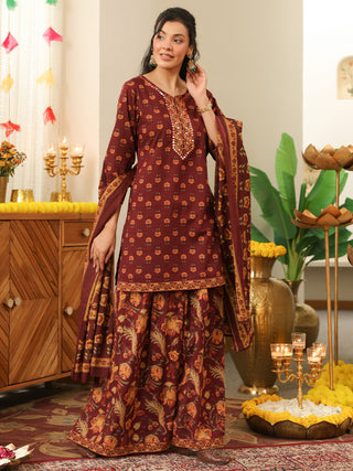 Brown Floral Print Cotton Straight Kurta Set