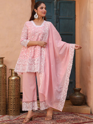 Pink Floral Embroidered Lace 3-Piece Straight Kurta Set