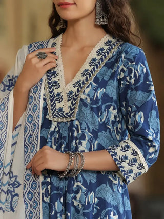 Women Indigo Blue Printed A-line Kurta With Hand Block Printed Dupatta and Printed Trouser