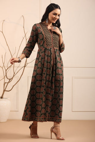 Women Green Ethnic Motifs Printed Pure Cotton Anarkali Kurta