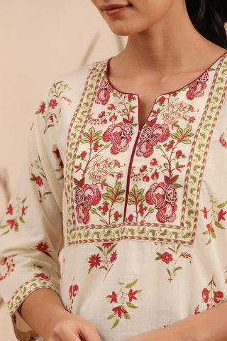 Women Cream and Coral Floral Printed Cotton Kurti