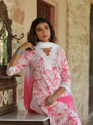 Women Pink & White Floral Printed Pure Cotton Straight Kurta With Printed Trouser and Shaded Doria Dupatta