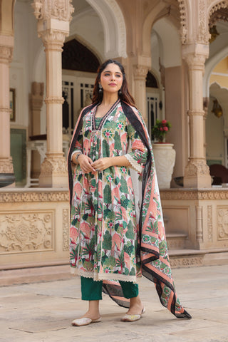 Women Floral Printed Cotton Anarkali Kurta with Trousers & Dupatta