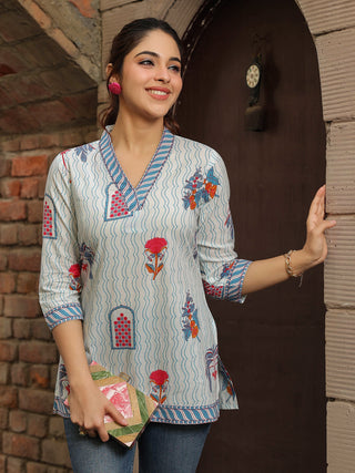 Women Blue & Off White Ethnic Motifs Printed Pure Cotton Kurti