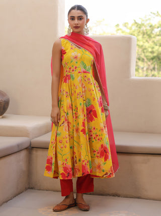 Yellow Floral Print Flared Anarkali Kurta Set