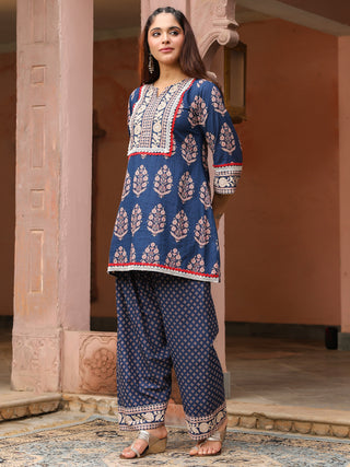 Navy Blue Mughal Print Straight 2-Piece Kurta Set