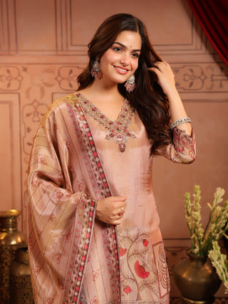 Women Ethnic Motifs Printed Regular Beads and Stones Kurta with Trousers & With Dupatta