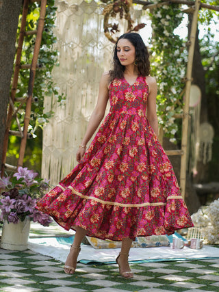 Women Red Floral Printed Pure Cotton Tiered Fit and Flare Dress